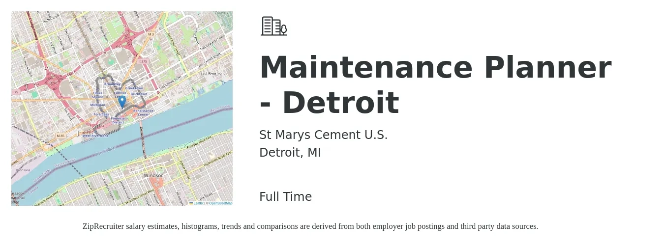 St Marys Cement U.S. job posting for a Maintenance Planner - Detroit in Detroit, MI with a salary of $27 to $41 Hourly with a map of Detroit location.
