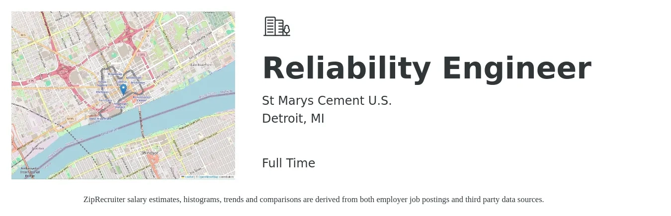 St Marys Cement U.S. job posting for a Reliability Engineer in Detroit, MI with a salary of $95,400 to $120,100 Yearly with a map of Detroit location.