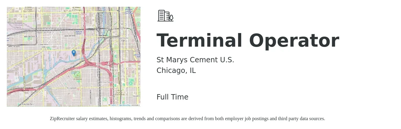 St Marys Cement U.S. job posting for a Terminal Operator in Chicago, IL with a salary of $20 to $27 Hourly with a map of Chicago location.