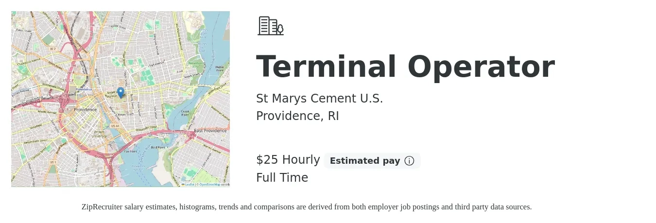 St Marys Cement U.S. job posting for a Terminal Operator in Providence, RI with a salary of $27 Hourly with a map of Providence location.
