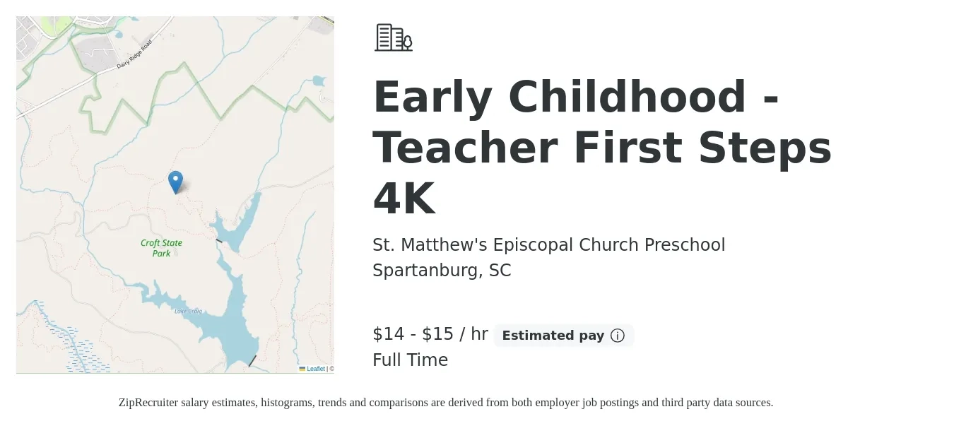 St. Matthew's Episcopal Church Preschool job posting for a Early Childhood - Teacher First Steps 4K in Spartanburg, SC with a salary of $16 to $16 Hourly with a map of Spartanburg location.