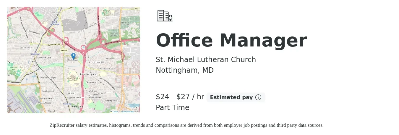 St. Michael Lutheran Church job posting for a Office Manager in Nottingham, MD with a salary of $25 to $29 Hourly and benefits including pto with a map of Nottingham location.