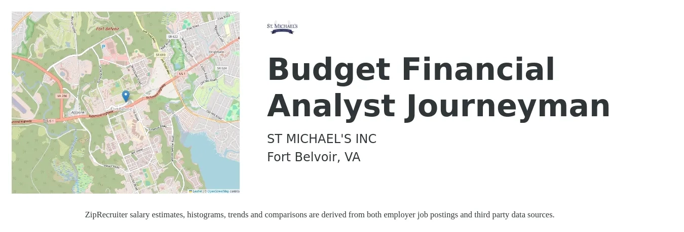 ST MICHAEL'S INC job posting for a Budget Financial Analyst Journeyman in Fort Belvoir, VA with a salary of $79,200 to $125,000 Yearly with a map of Fort Belvoir location.