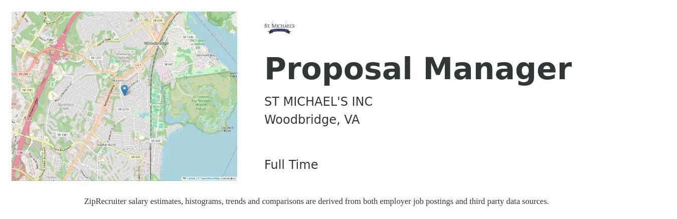 St. Michael's Inc. job posting for a Proposal Manager in Woodbridge, VA with a salary of $79,600 to $116,700 Yearly with a map of Woodbridge location.