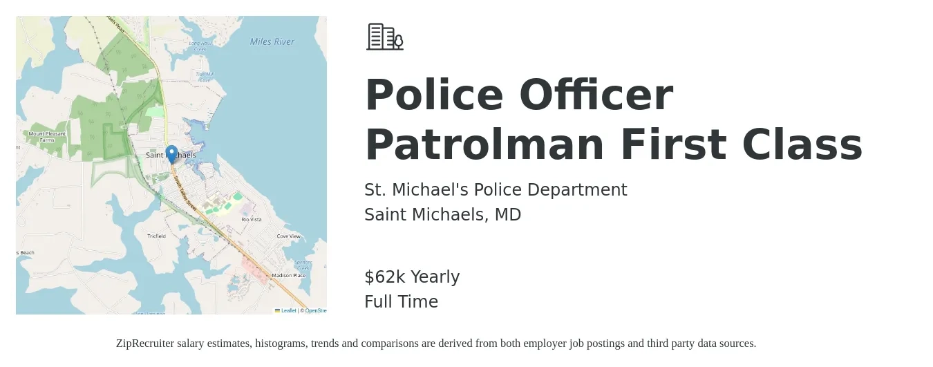 St. Michael's Police Department job posting for a Police Officer Patrolman First Class in Saint Michaels, MD with a salary of $62,000 Yearly with a map of Saint Michaels location.
