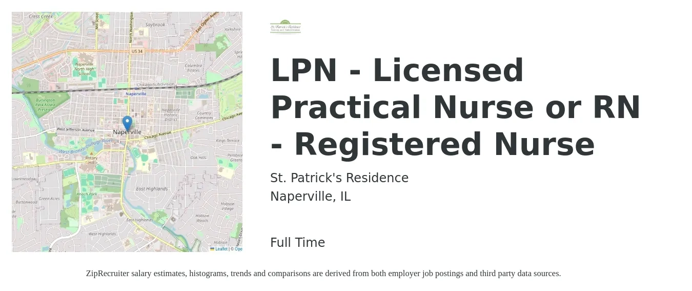St. Patrick's Residence job posting for a LPN - Licensed Practical Nurse or RN - Registered Nurse in Naperville, IL with a salary of $27 to $37 Hourly with a map of Naperville location.