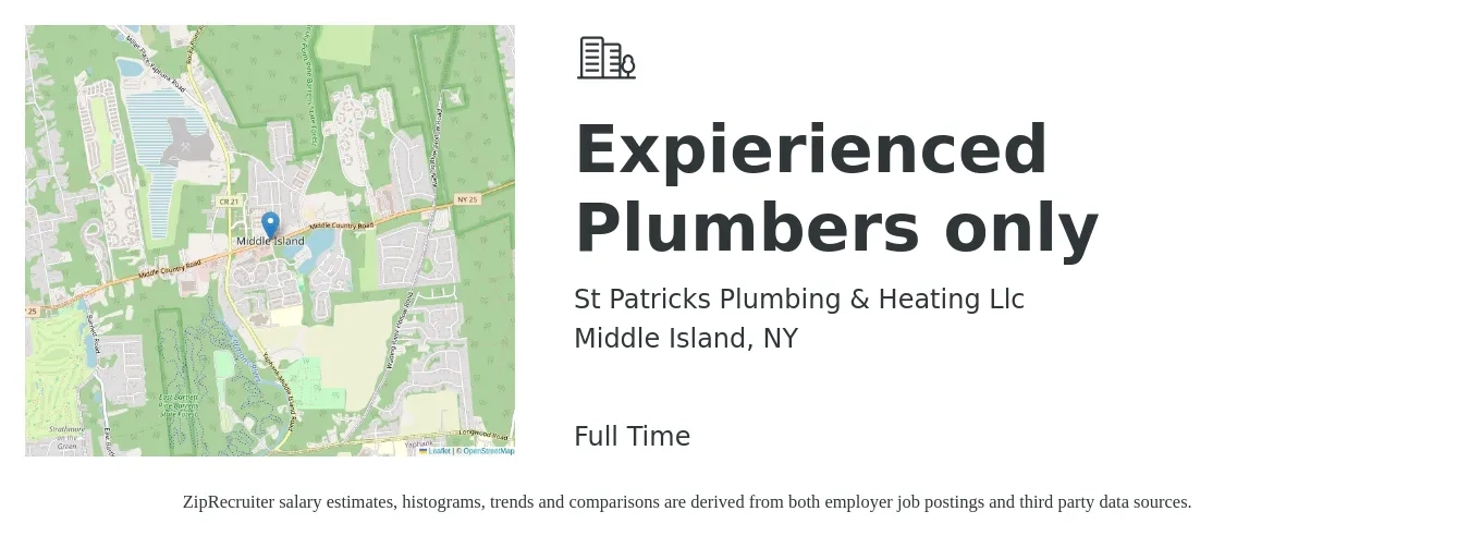 St Patricks Plumbing & Heating Llc job posting for a Expierienced Plumbers only in Middle Island, NY with a salary of $1 Weekly with a map of Middle Island location.