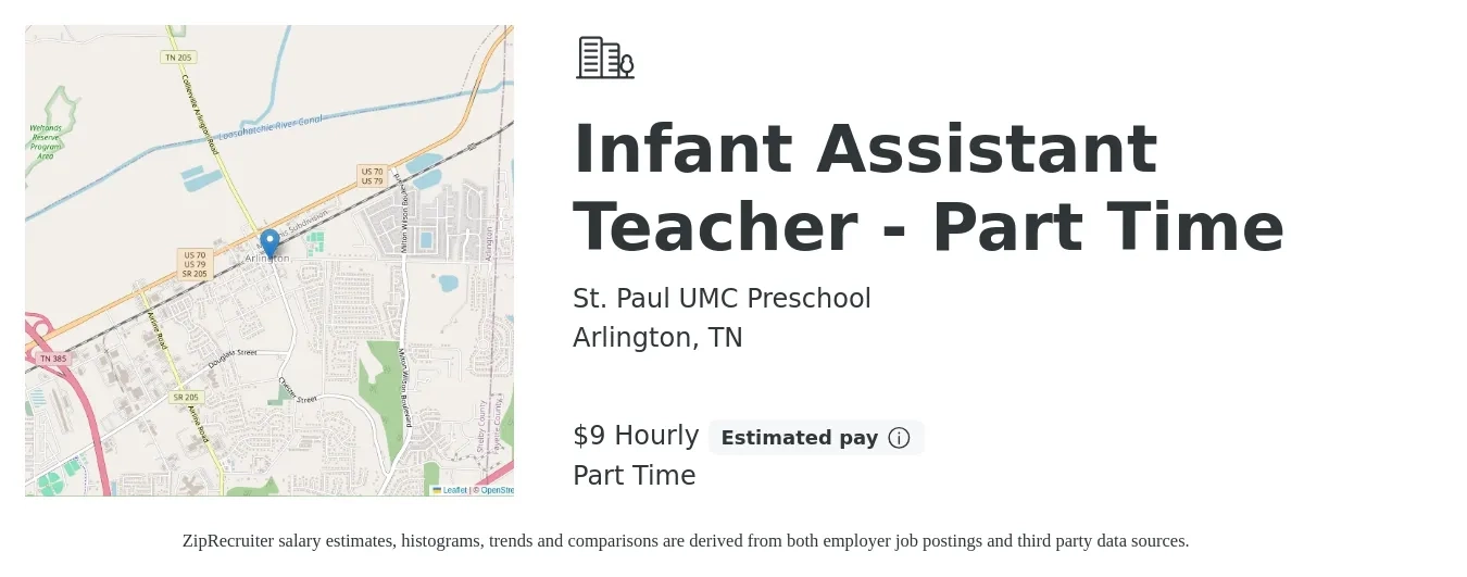 St. Paul UMC Preschool job posting for a Infant Assistant Teacher - Part Time in Arlington, TN with a salary of $10 Hourly with a map of Arlington location.