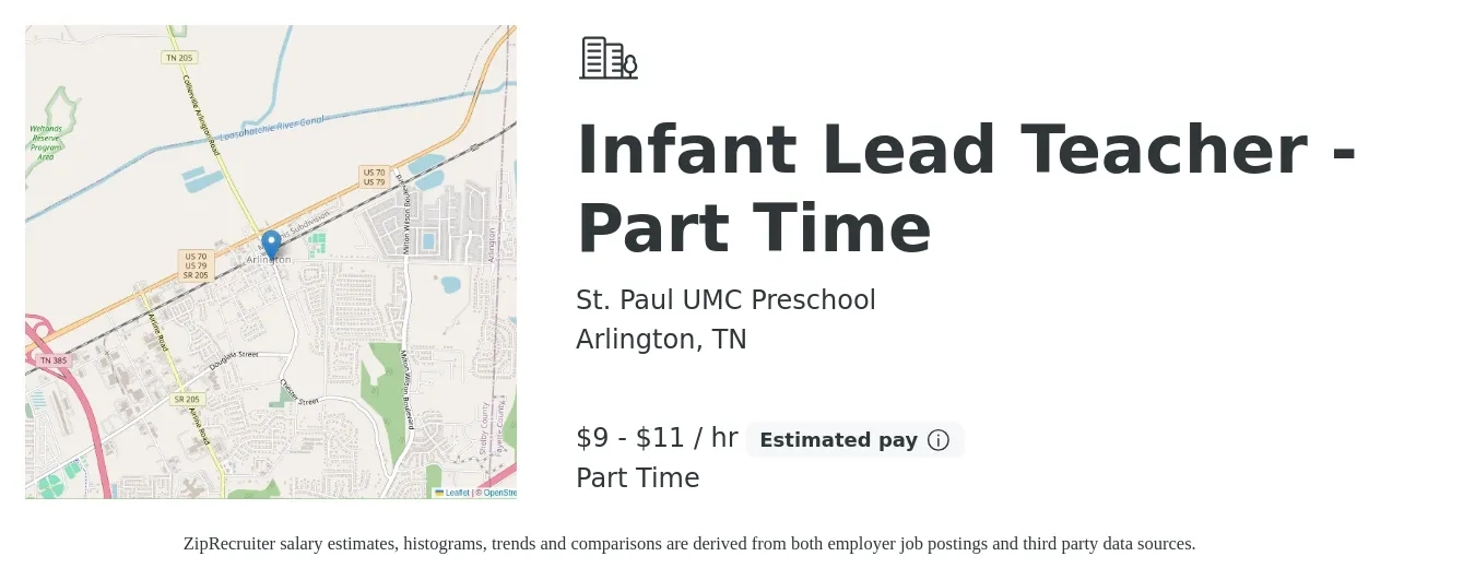 St. Paul UMC Preschool job posting for a Infant Lead Teacher - Part Time in Arlington, TN with a salary of $10 to $12 Hourly with a map of Arlington location.