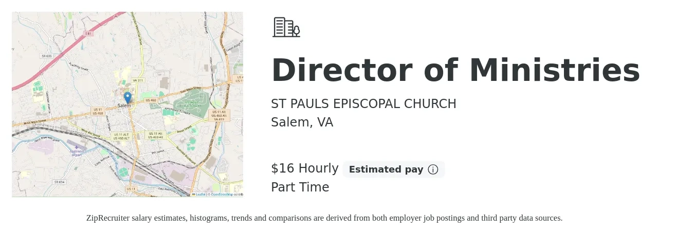 ST PAULS EPISCOPAL CHURCH job posting for a Director of Ministries in Salem, VA with a salary of $17 Hourly with a map of Salem location.