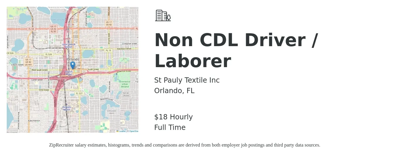 St Pauly Textile Inc job posting for a Non CDL Driver / Laborer in Orlando, FL with a salary of $19 Hourly with a map of Orlando location.