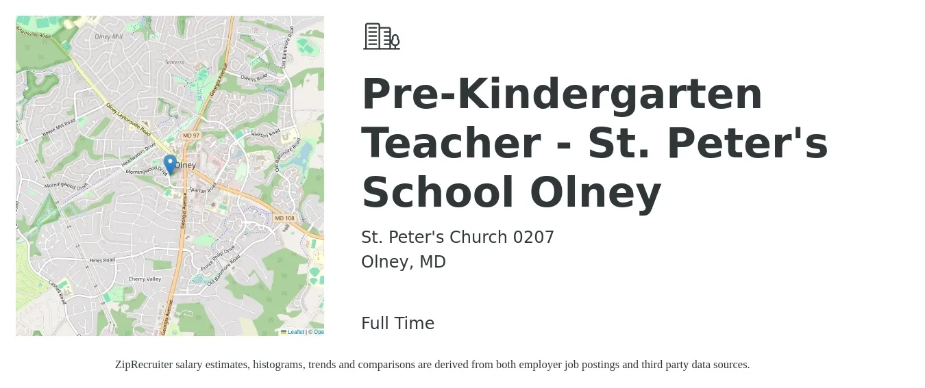 St. Peter's Church 0207 job posting for a Pre-Kindergarten Teacher - St. Peter's School Olney in Olney, MD with a salary of $35,300 to $54,800 Yearly with a map of Olney location.