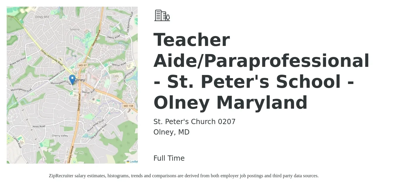 St. Peter's Church 0207 job posting for a Teacher Aide/Paraprofessional - St. Peter's School - Olney Maryland in Olney, MD with a salary of $14 to $18 Hourly with a map of Olney location.