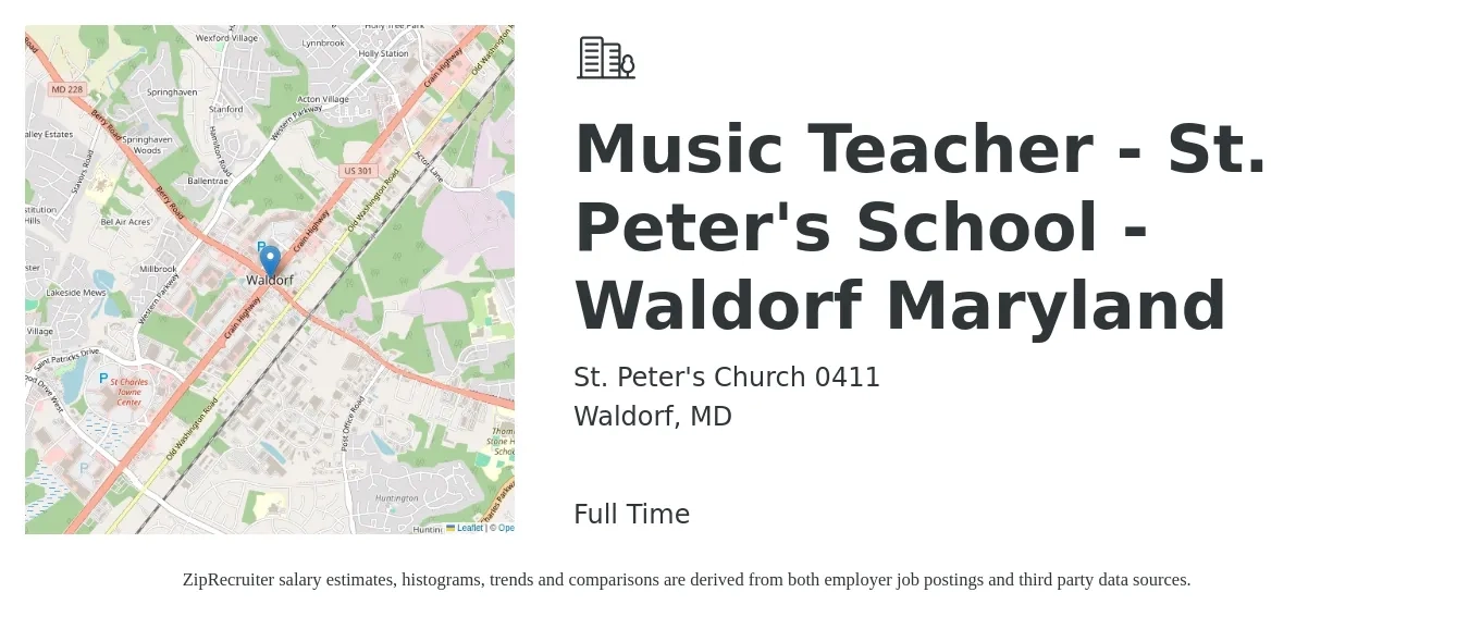 St. Peter's Church 0411 job posting for a Music Teacher - St. Peter's School - Waldorf Maryland in Waldorf, MD with a salary of $24 to $35 Hourly with a map of Waldorf location.