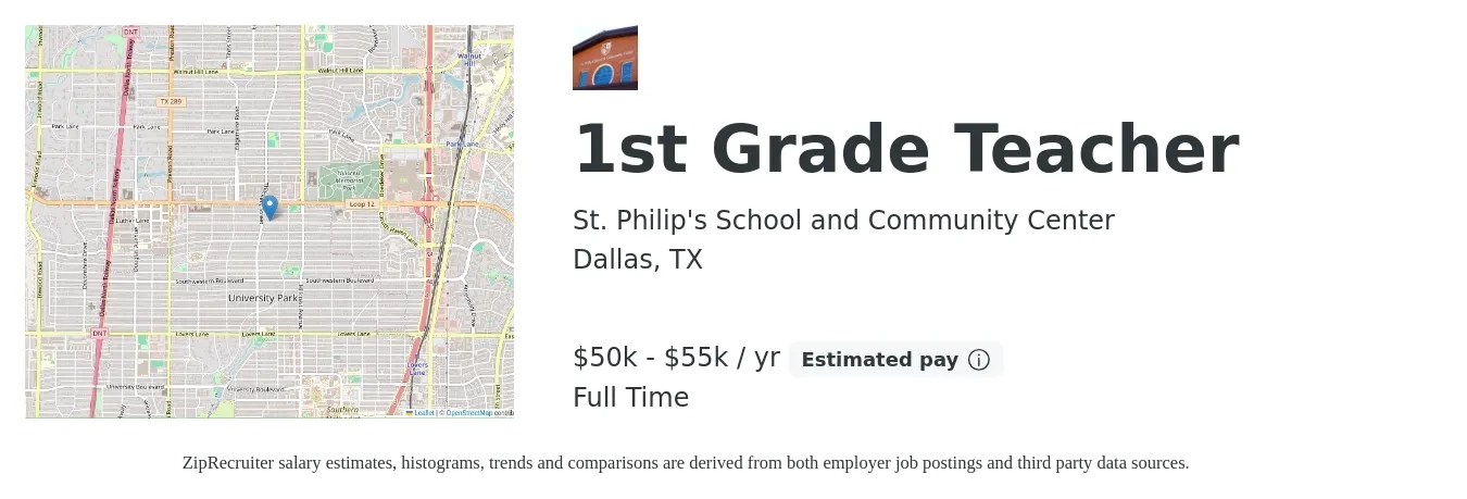 St. Philip's School and Community Center job posting for a 1st Grade Teacher in Dallas, TX with a salary of $50,000 to $55,000 Yearly with a map of Dallas location.