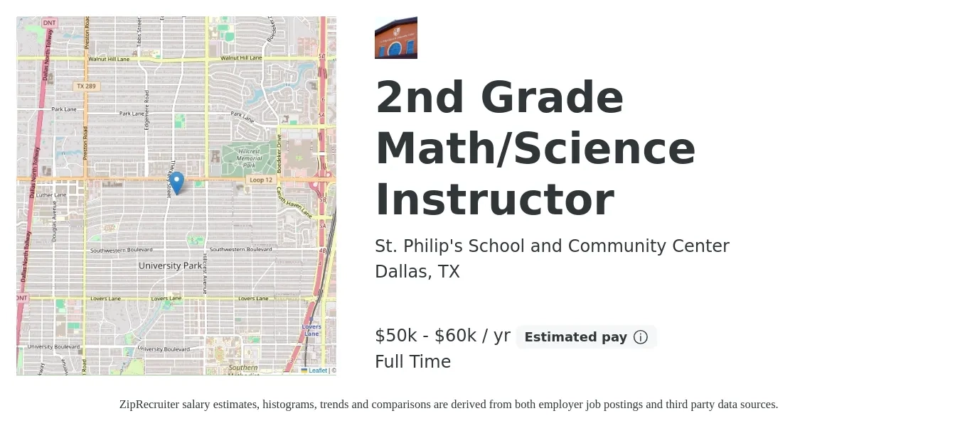 St. Philip's School and Community Center job posting for a 2nd Grade Math/Science Instructor in Dallas, TX with a salary of $50,000 to $60,000 Yearly with a map of Dallas location.