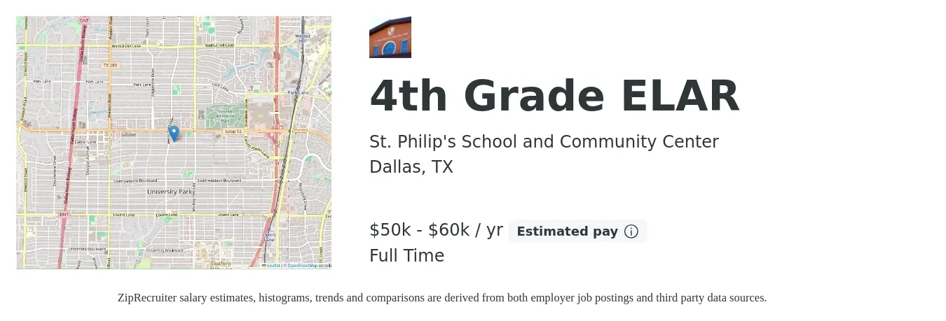 St. Philip's School and Community Center job posting for a 4th Grade ELAR in Dallas, TX with a salary of $50,000 to $60,000 Yearly with a map of Dallas location.
