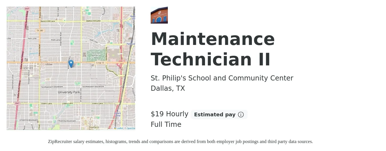 St. Philip's School and Community Center job posting for a Maintenance Technician II in Dallas, TX with a salary of $20 Hourly with a map of Dallas location.