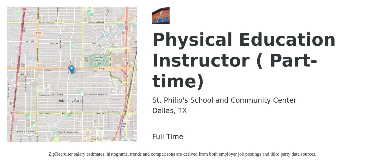 St. Philip's School and Community Center job posting for a Physical Education Instructor ( Part-time) in Dallas, TX with a salary of $48,077 to $51,923 Yearly with a map of Dallas location.