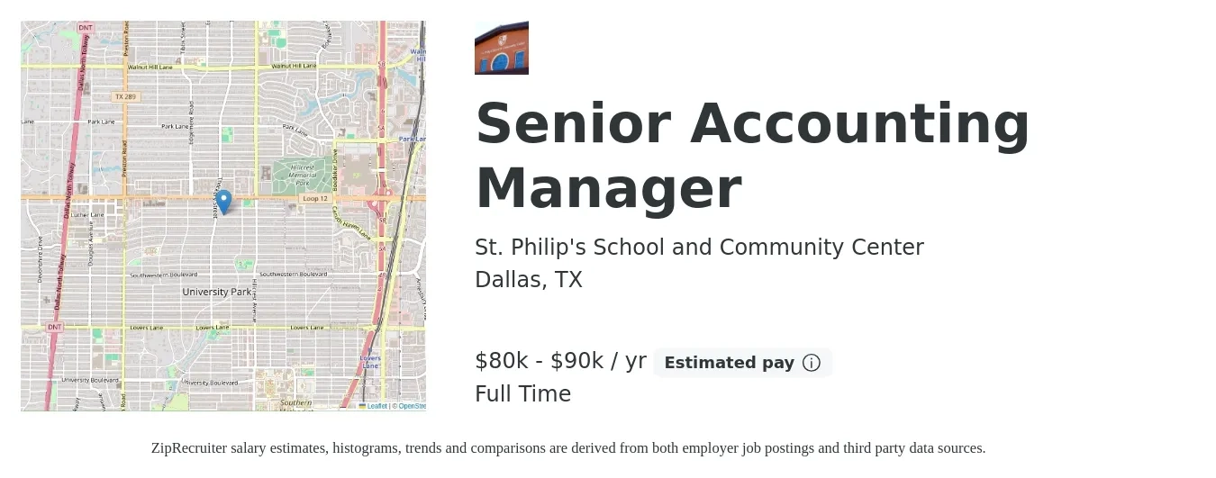 St. Philip's School and Community Center job posting for a Senior Accounting Manager in Dallas, TX with a salary of $80,000 to $90,000 Yearly with a map of Dallas location.