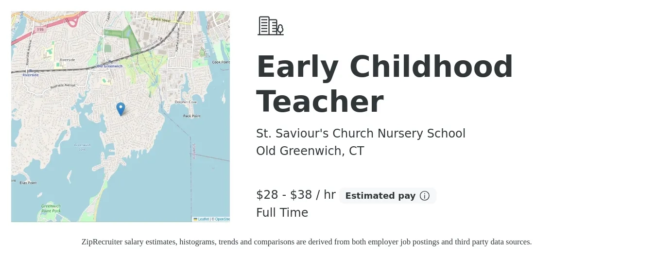 St. Saviour's Church Nursery School job posting for a Early Childhood Teacher in Old Greenwich, CT with a salary of $30 to $40 Hourly with a map of Old Greenwich location.