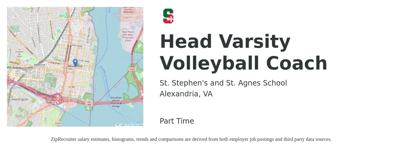 St. Stephen's and St. Agnes School job posting for a Head Varsity Volleyball Coach in Alexandria, VA with a salary of $16 to $32 Hourly with a map of Alexandria location.