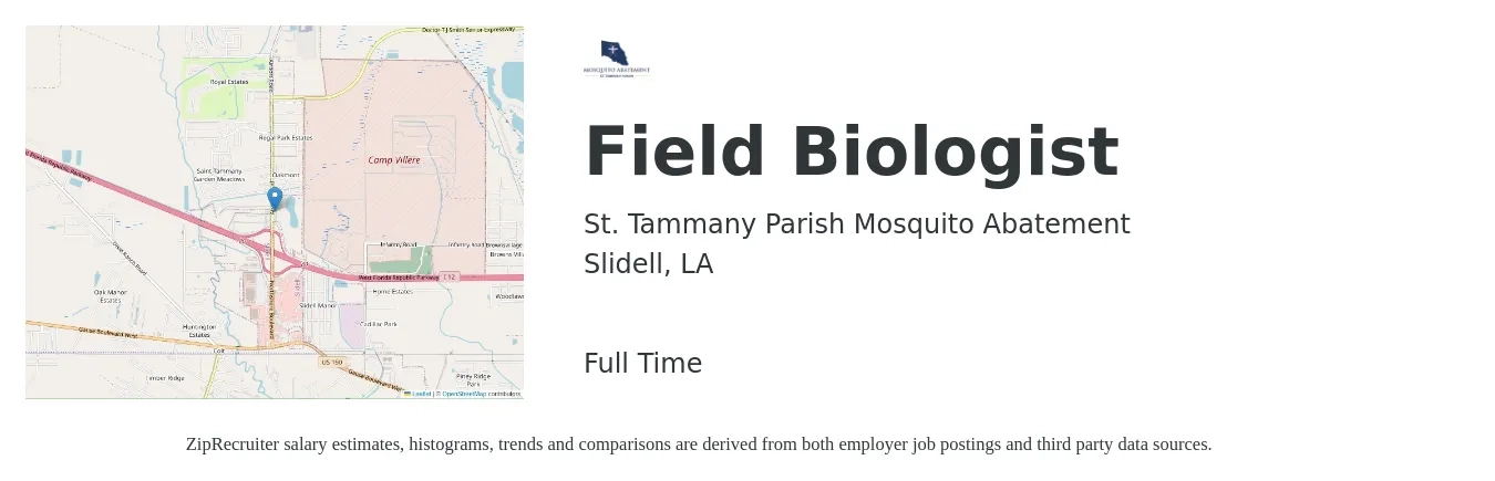 St. Tammany Parish Mosquito Abatement job posting for a Field Biologist in Slidell, LA with a salary of $39,100 to $59,700 Yearly with a map of Slidell location.