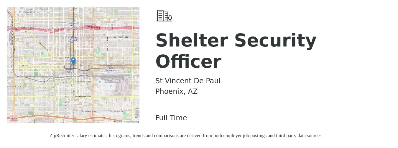 St Vincent De Paul job posting for a Shelter Security Officer in Phoenix, AZ with a salary of $15 to $18 Hourly with a map of Phoenix location.