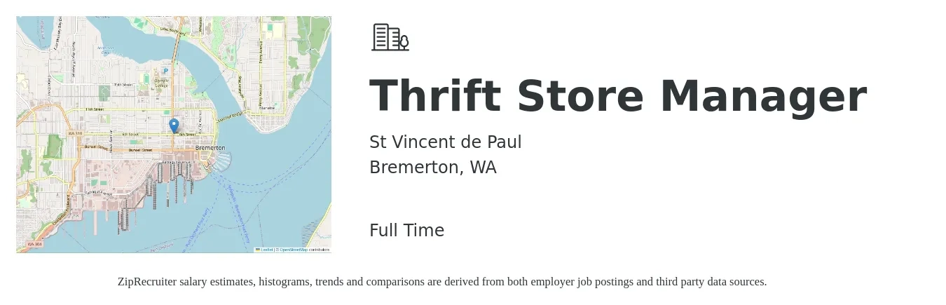 St Vincent de Paul job posting for a Thrift Store Manager in Bremerton, WA with a salary of $44,500 to $69,200 Yearly with a map of Bremerton location.