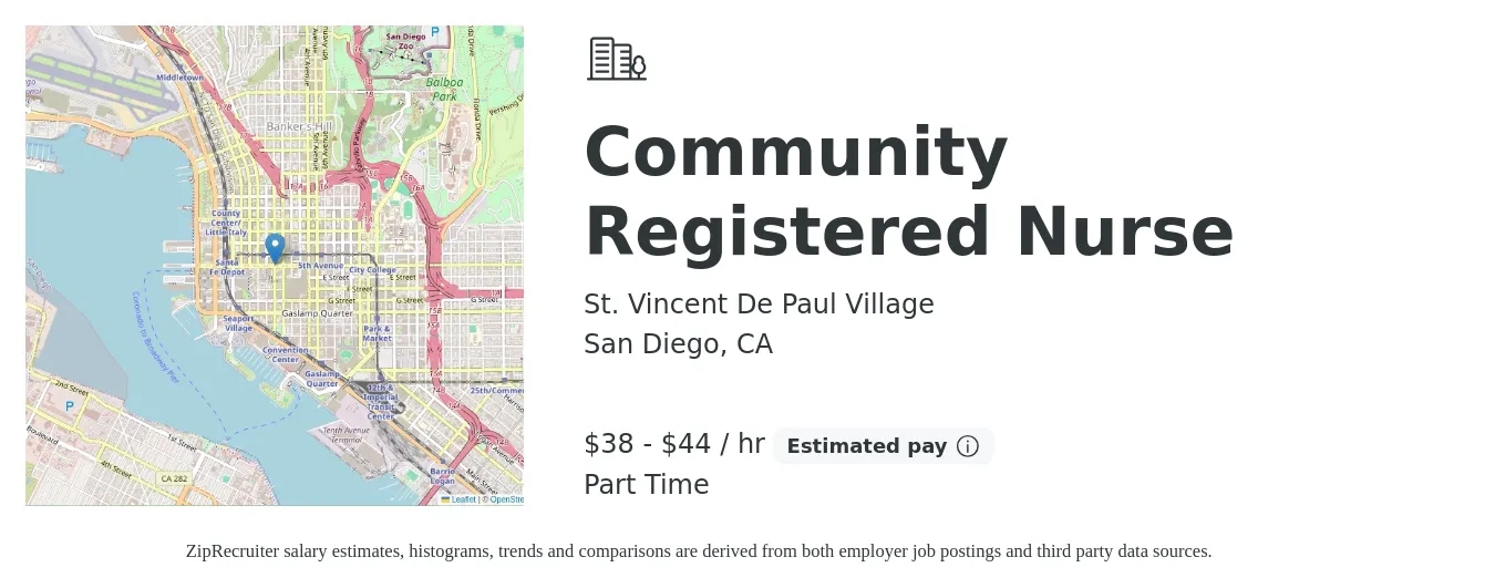 St. Vincent De Paul Village job posting for a Community Registered Nurse in San Diego, CA with a salary of $40 to $47 Hourly with a map of San Diego location.