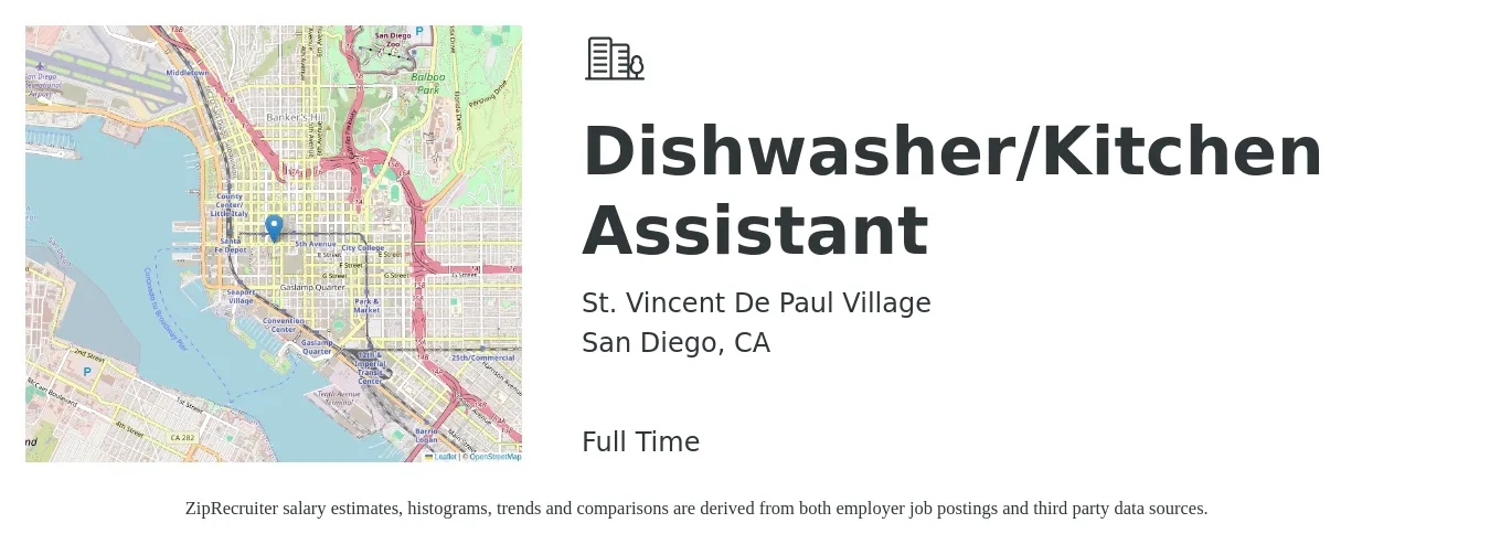 St. Vincent De Paul Village job posting for a Dishwasher/Kitchen Assistant in San Diego, CA with a salary of $20 Hourly with a map of San Diego location.