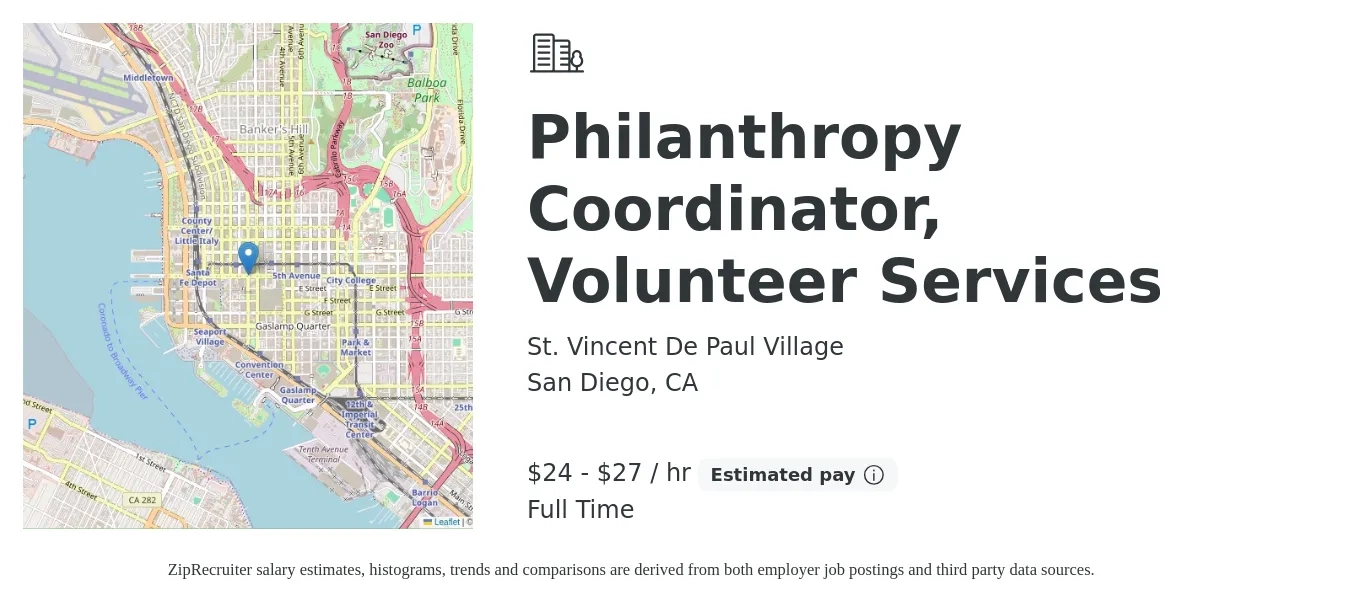 St. Vincent De Paul Village job posting for a Philanthropy Coordinator, Volunteer Services in San Diego, CA with a salary of $25 to $29 Hourly with a map of San Diego location.