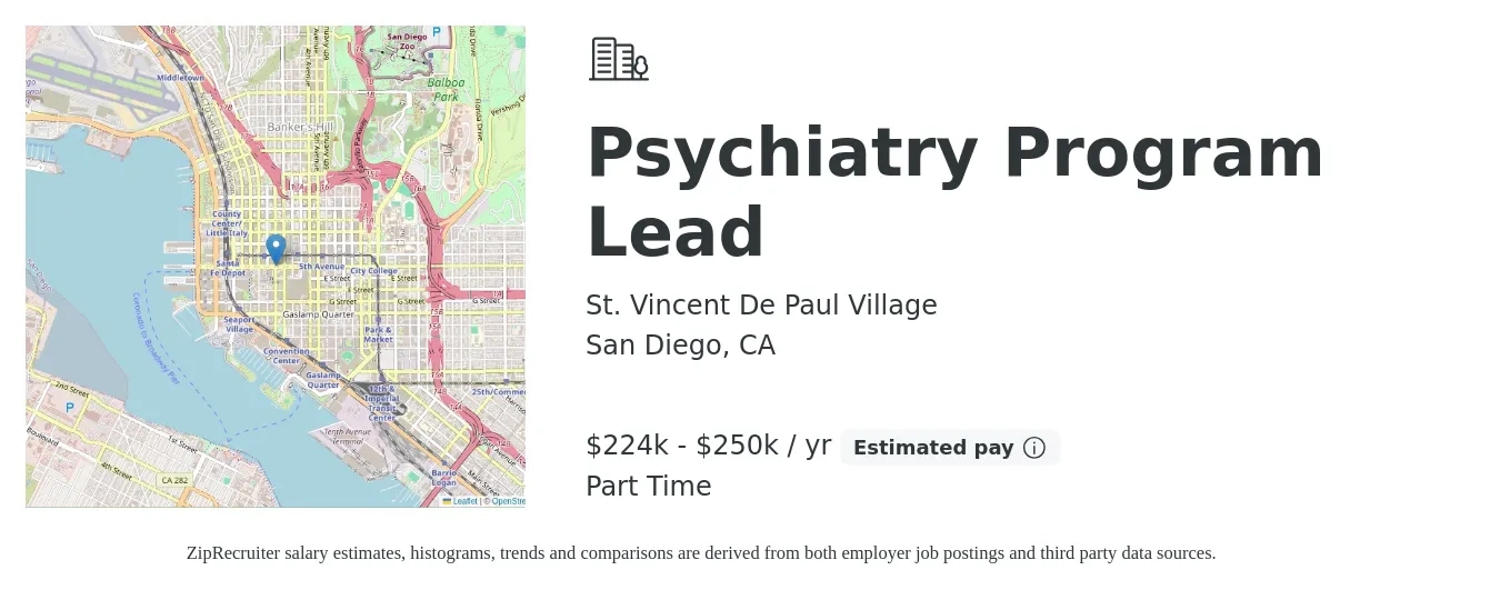 St. Vincent De Paul Village job posting for a Psychiatry Program Lead in San Diego, CA with a salary of $224,200 to $250,000 Yearly with a map of San Diego location.