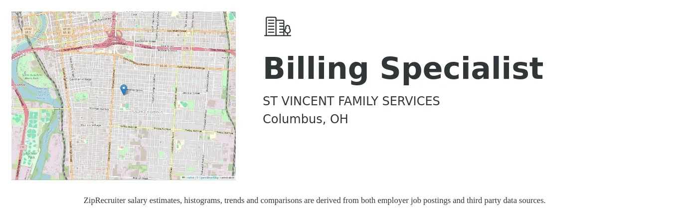 ST VINCENT FAMILY SERVICES job posting for a Billing Specialist in Columbus, OH with a salary of $18 to $25 Hourly with a map of Columbus location.