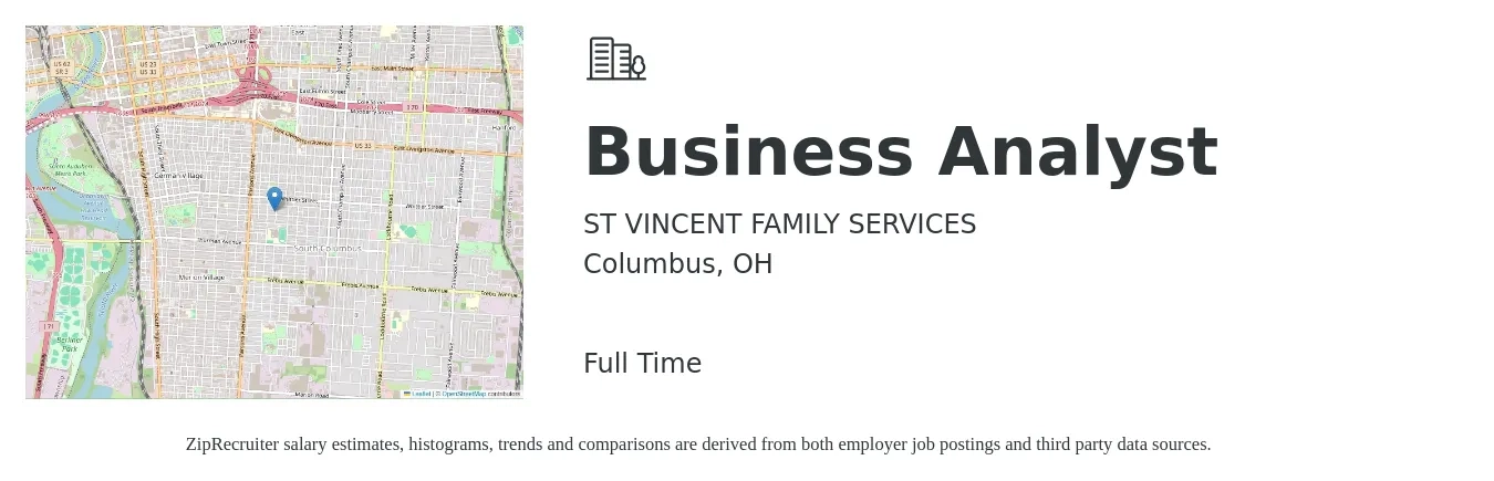 ST VINCENT FAMILY SERVICES job posting for a Business Analyst in Columbus, OH with a salary of $36 to $60 Hourly with a map of Columbus location.