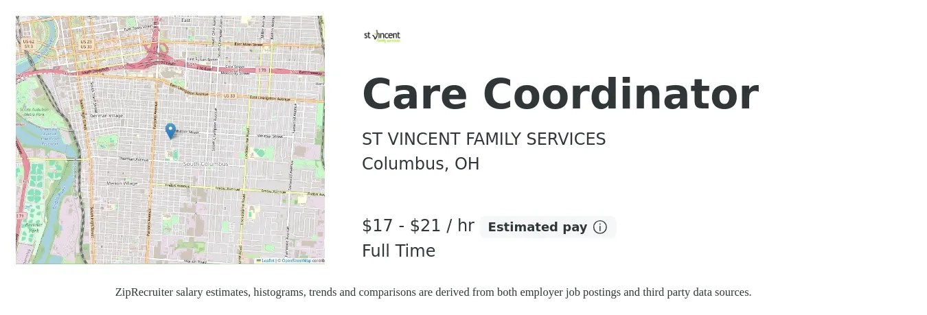 St. Vincent Family Services job posting for a Care Coordinator in Columbus, OH with a salary of $18 to $25 Hourly with a map of Columbus location.
