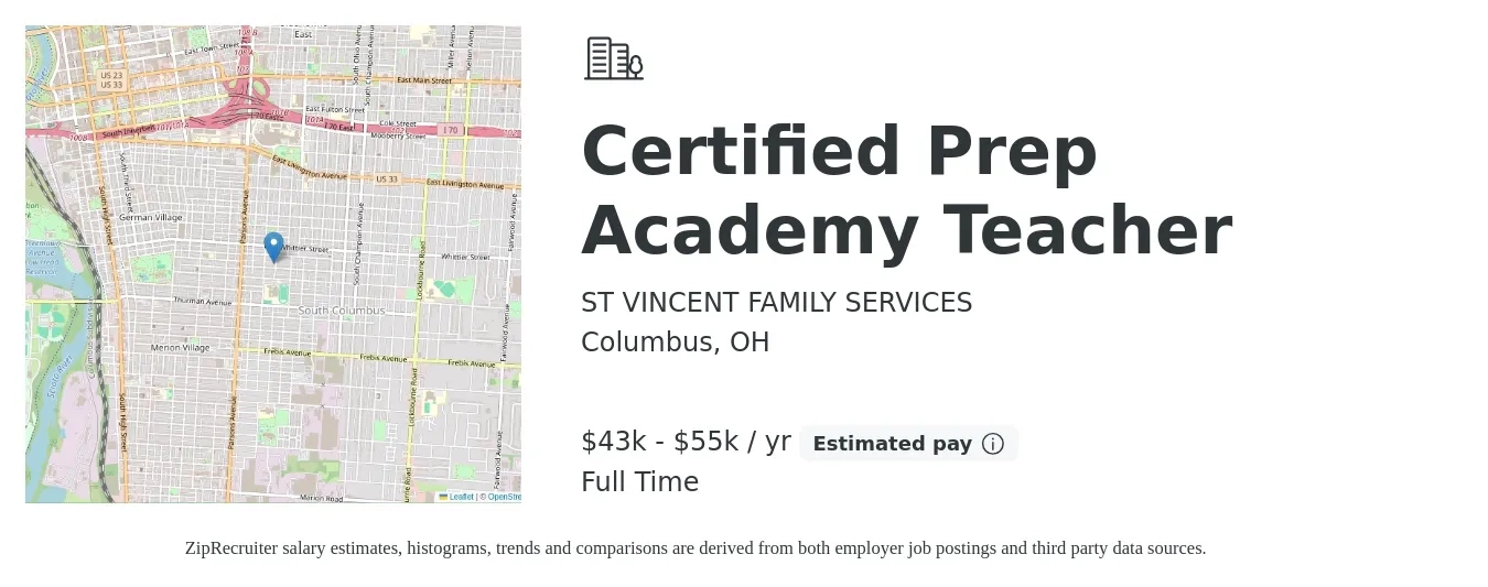 ST VINCENT FAMILY SERVICES job posting for a Certified Prep Academy Teacher in Columbus, OH with a salary of $43,000 to $55,000 Yearly with a map of Columbus location.