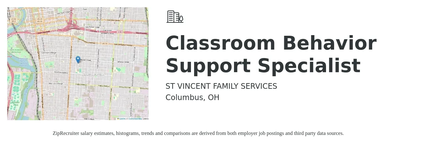 ST VINCENT FAMILY SERVICES job posting for a Classroom Behavior Support Specialist in Columbus, OH with a salary of $19 to $26 Hourly with a map of Columbus location.
