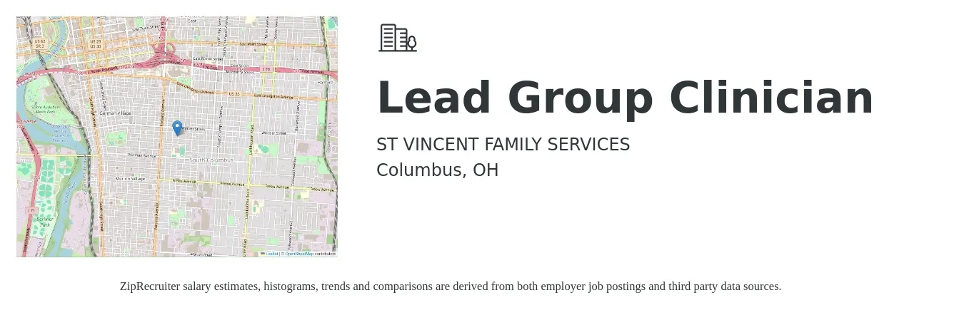ST VINCENT FAMILY SERVICES job posting for a Lead Group Clinician in Columbus, OH with a salary of $58,000 to $87,000 Yearly with a map of Columbus location.