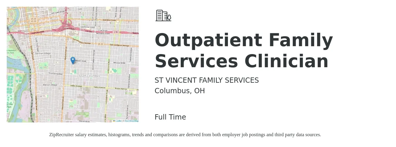 ST VINCENT FAMILY SERVICES job posting for a Outpatient Family Services Clinician in Columbus, OH with a salary of $52,700 to $69,600 Yearly with a map of Columbus location.
