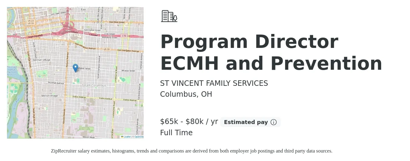 ST VINCENT FAMILY SERVICES job posting for a Program Director ECMH and Prevention in Columbus, OH with a salary of $65,000 to $80,000 Yearly with a map of Columbus location.