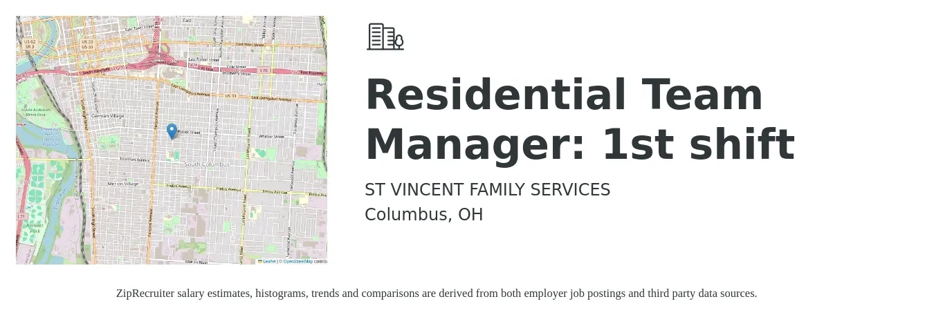 ST VINCENT FAMILY SERVICES job posting for a Residential Team Manager: 1st shift in Columbus, OH with a salary of $41,100 to $58,500 Yearly with a map of Columbus location.