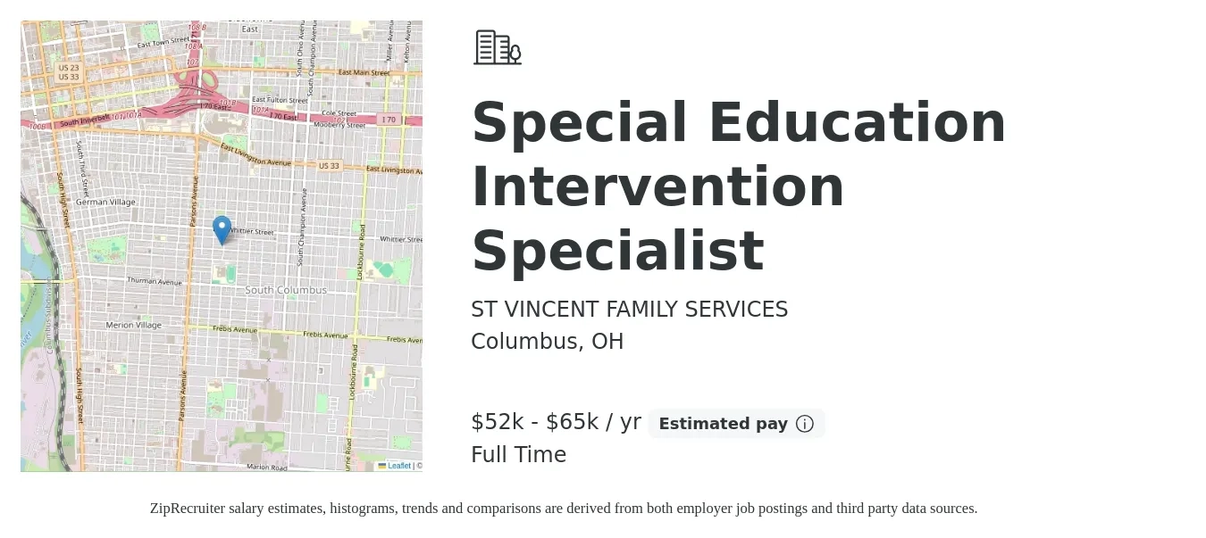 ST VINCENT FAMILY SERVICES job posting for a Special Education Intervention Specialist in Columbus, OH with a salary of $52,000 to $65,000 Yearly with a map of Columbus location.