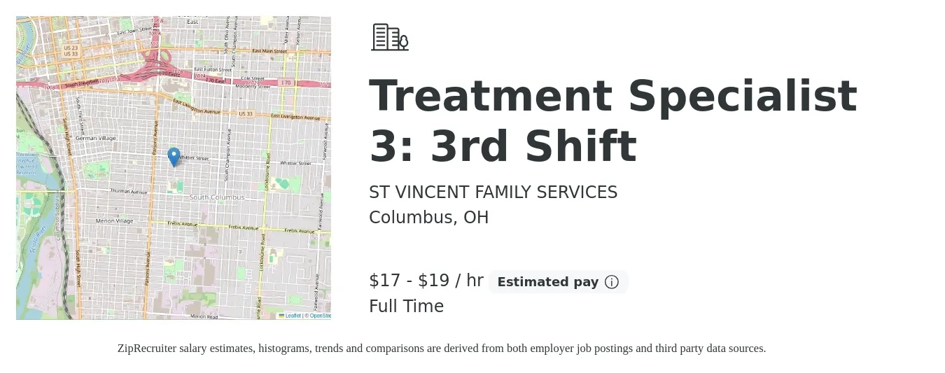 ST VINCENT FAMILY SERVICES job posting for a Treatment Specialist 3: 3rd Shift in Columbus, OH with a salary of $18 to $20 Hourly with a map of Columbus location.