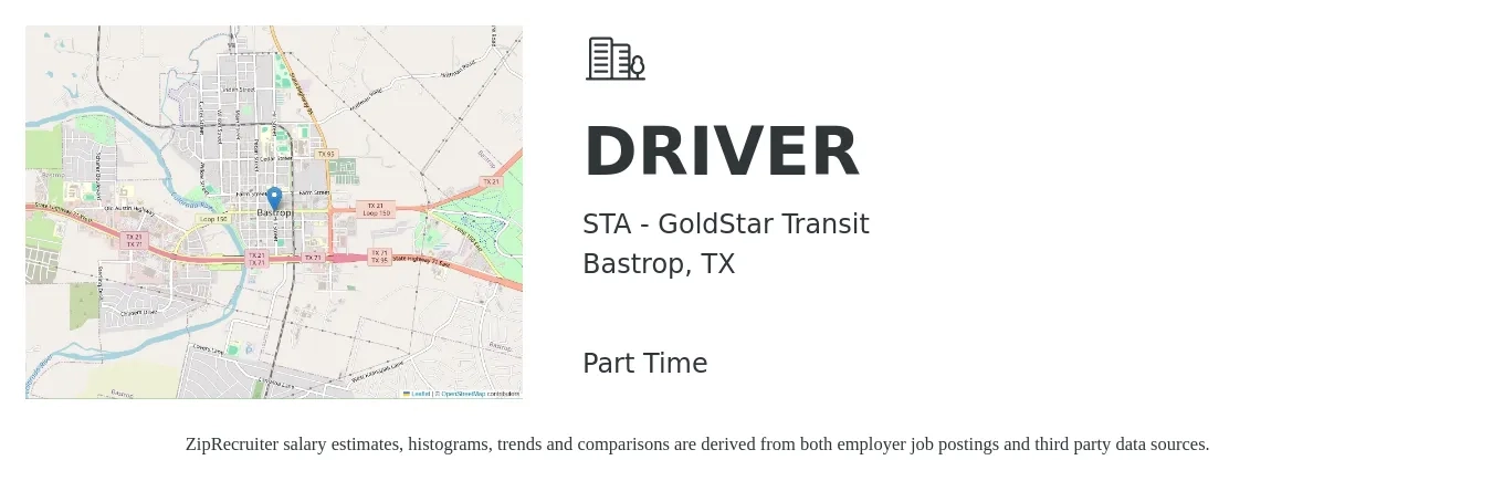 STA - GoldStar Transit job posting for a DRIVER in Bastrop, TX with a salary of $18 to $25 Hourly with a map of Bastrop location.