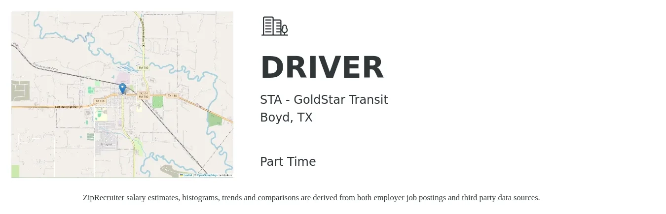 STA - GoldStar Transit job posting for a DRIVER in Boyd, TX with a salary of $16 to $22 Hourly with a map of Boyd location.