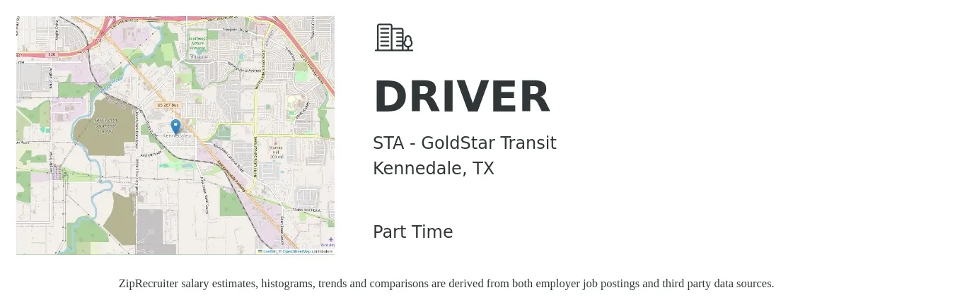 STA - GoldStar Transit job posting for a DRIVER in Kennedale, TX with a salary of $16 to $23 Hourly with a map of Kennedale location.