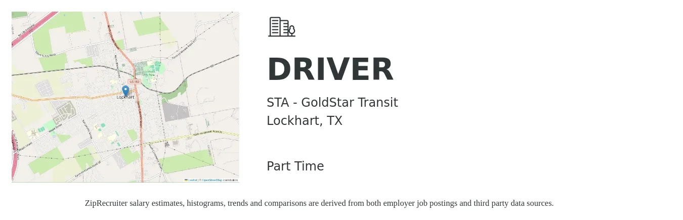 STA - GoldStar Transit job posting for a DRIVER in Lockhart, TX with a salary of $16 to $23 Hourly with a map of Lockhart location.