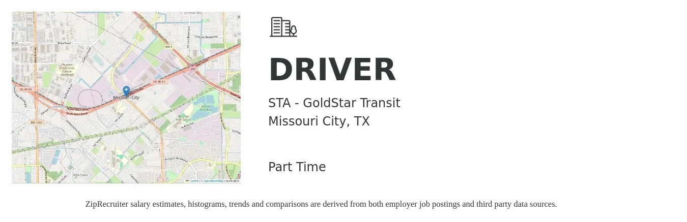 STA - GoldStar Transit job posting for a DRIVER in Missouri City, TX with a salary of $13 to $18 Hourly with a map of Missouri City location.