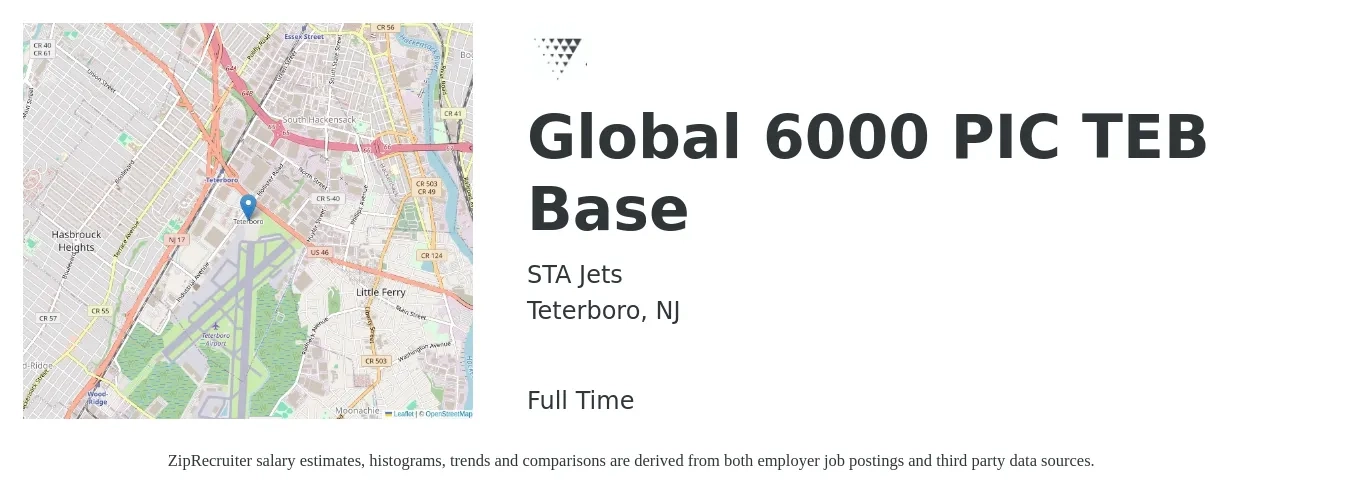 STA Jets job posting for a Global 6000 PIC TEB Base in Teterboro, NJ with a map of Teterboro location.